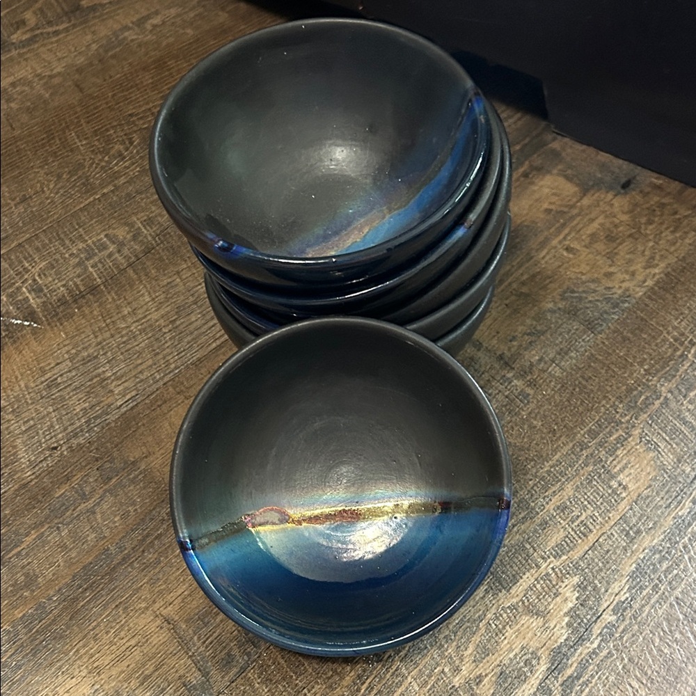 Set of 6‎ Dark Fusion Serving/Salad Bowls  Hand-glazed Ceramic/Pottery Blues